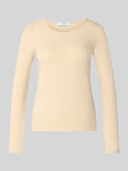 Produktfoto, Longsleeve mit Rundhalsausschnitt van ZABAIONE in lichtbeige, getailleerd model, mix van katoen en elastaan, ruglengte maat S 55 cm