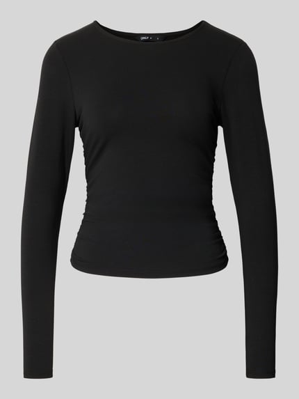 Produktfoto, schwarzes Regular Fit Langarmshirt aus Baumwoll-Mix Modell 'MIRA' von ONLY, glatte Oberfläche, figurbetonter Schnitt