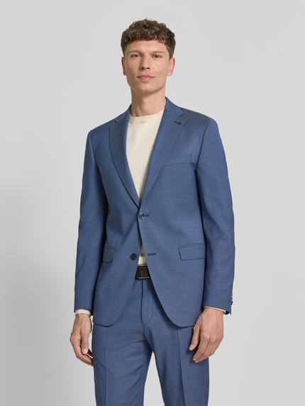 Männermodel trägt Regular Fit Anzug aus schurwolmix met viscose, 2-knoops colbert, Roy Robson, blauwe tinten, nahaufnahme oberkörper.