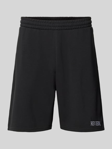 Productfoto, Regular Fit Shorts mit Label-Stitching van REVIEW, zwart, katoenmix, elastische tailleband, maat M: taille 44 cm, binnenbeenlengte 22 cm
