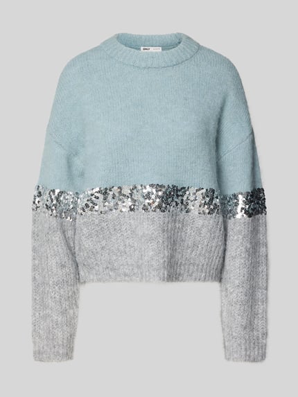 Produktfoto, Relaxed Fit Strickpullover mit Woll-Anteil Modell 'MAINE' von Only in Two-Tone-Optik mit Paillettenbesatz, Strickstruktur.