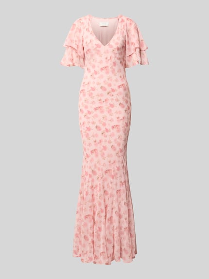 Produktfoto, Maxikleid mit Volants Modell 'Celesse' von Neo Noir in zartem Rosa mit Allover-Look aus Chiffon, figurbetontem Schnitt, V-Ausschnitt.