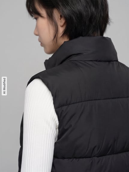 Frauenmodel trägt Regular Fit Weste mit Stehkragen von PIECES in Schwarz zu weißem Oberteil, Ganzkörperansicht Rückansicht, KI-modifiziertes Bild.