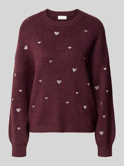Produktfoto, Strickpullover mit Stitchings und Rundhalsausschnitt von Apricot in Bordeaux mit hellen Herz-Stitchings, Woll-Mix, Regular Fit
