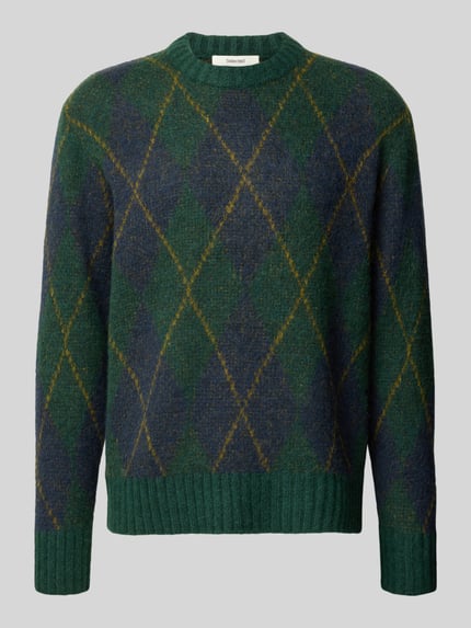 Produktfoto, Pullover aus Alpaka mit Rippabschlüssen von Selected Homme in Strickoptik, mehrfarbiges Argyle-Muster, Rundhals, Strick