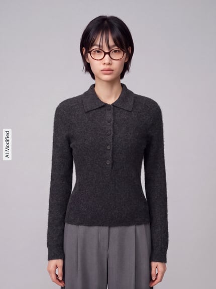 Vrouwenmodel draagt Strickpullover aus Schurwoll-Kaschmir-Mix Modell 'CELLULA' van MM by Max Mara, grijs, regular fit, polokraag, knoopsluiting, textuur zacht, voorkant volledige lichaamsweergave, KI-modificeerd beeld.