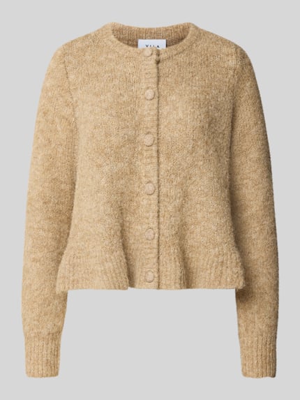 Produktfoto, Regular Fit Strickjacke mit Woll-Anteil Modell 'Bows' von VILA in Beige, elastischer Material-Mix, Knopfleiste, gerippte Abschlüsse.