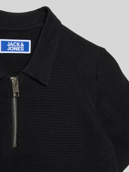 Productfoto, Regular Fit Poloshirt in breistructuur model 'Max' van Jack & Jones, zuiver katoen, korte mouw, ritssluiting, zwart
