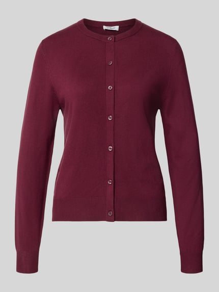 Produktfoto, Regular Fit Strickjacke aus Viskose-Mix von s.Oliver RED LABEL in tiefem Bordeauxrot, glatte Oberfläche, klassische Knopfleiste.