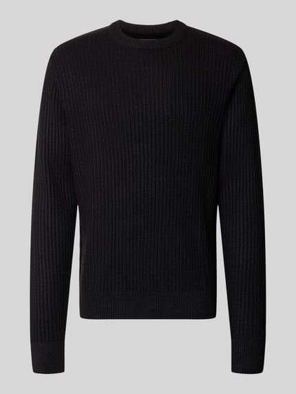 Produktfoto, Regular Fit Strickpullover aus Baumwoll-Mix Modell 'SAGE' von JACK & JONES in Schwarz mit Rippstruktur, Rundhalsausschnitt, gleichmäßige Textur