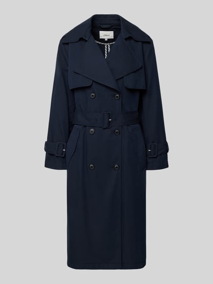 Produktfoto, Regular Fit Trenchcoat aus Baumwoll-Lyocell-Mix von s.Oliver RED LABEL, Optik: Unifarben, Twill-Struktur, dunkles Blau, schwarze Knopfleiste, Umlegekragen, Schulterklappen, Taillengürtel, Gehschlitz, Langarm, seitliche Pattentaschen