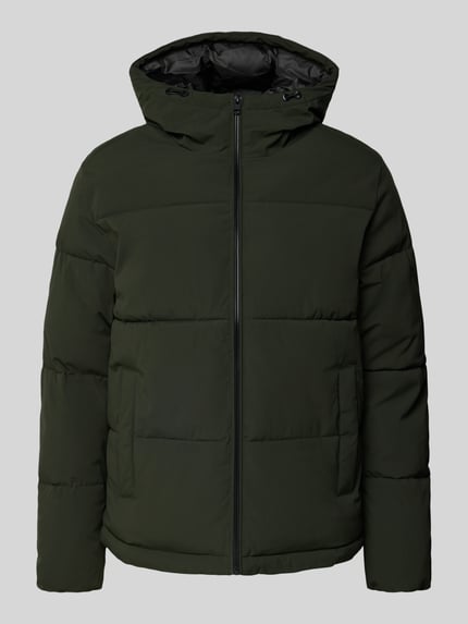 Produktfoto, Steppjacke mit Kapuze Modell 'GALAXY' von JACK & JONES in Dunkelgrün, sichtbarer Reißverschluss, zwei seitliche Eingrifftaschen, Regular Fit, glatte Textur, minimalistisches Design, mittlere Rückenlänge und Schulterbreite laut Kontext.
