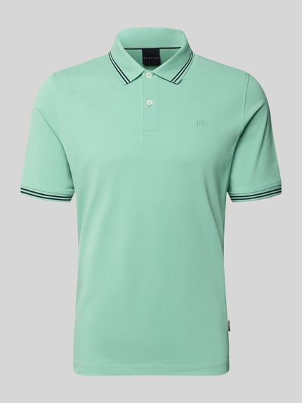 Produktfoto, Slim Fit Poloshirt mit Label-Stitching von bugatti in Mintgrün, reine Baumwolle, Polokragen, Knopfleiste, Modell 'Käntchen'