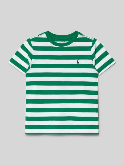 Produktfoto, T-shirt met ronde hals en labelstitching van Polo Ralph Lauren Kids, puur katoen, regular fit, ruglengte maat 116: 45 cm, groen-witte strepen.