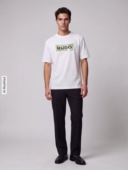Männermodel trägt Regular Fit T-Shirt aus reiner Baumwolle Modell 'Niviotee' von HUGO, weiß, mit Motiv-Print, Ganzkörperansicht von vorne, KI-modifiziertes Bild.