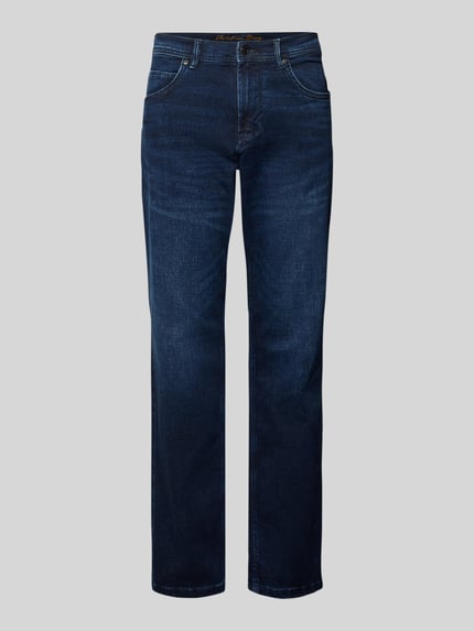 Produktfoto, Regular Fit Jeans im Used-Look von Christian Berg Men aus dunkelblauem Baumwoll-Mix mit Stretch-Anteil, Eingrifftaschen.