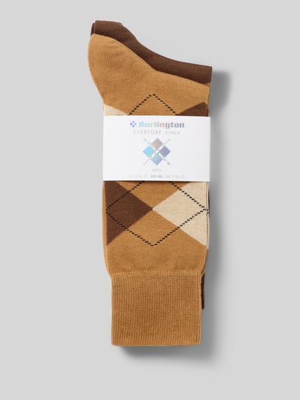 Produktfoto, Socken mit Label-Applikation Modell 'Everyday' im 2er-Pack von Burlington in Brauntönen mit Rauten, elastischer Baumwoll-Mix, elastisches Rippbündchen, Label-Applikation und Label-Print.