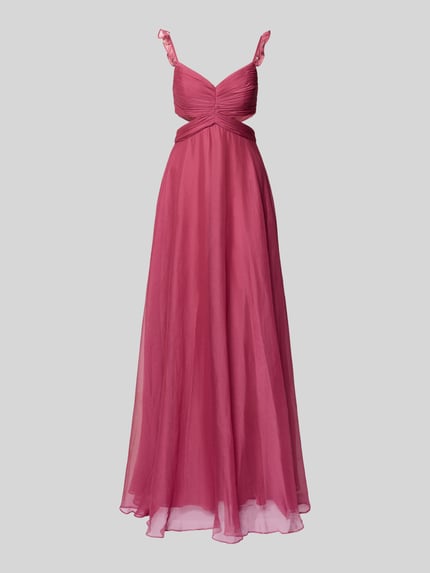 Productfoto, 'Abendkleid mit Cut Outs und Rüschen' van Jake*s Cocktail, A-lijn maxijurk in roze met plooien, cut outs, ruches, rugrits, lengte 136 cm, borstwijdte 31 cm