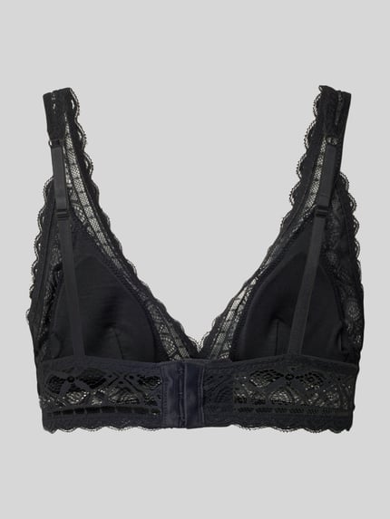 Produktfoto, schwarzer BH mit Spitzendetails von Jake*s Casual, zarte Spitze mit geometrischen Mustern, feine Textur, neutraler Hintergrund