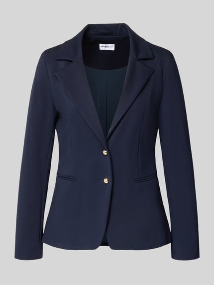 Produktfoto, Slim Fit Blazer aus Viskose-Mix Modell 'Ritmo' von Marella in Dunkelblau mit Reverskragen, Doppelknopfleiste, Paspeltaschen. Rückenlänge 60 cm, Brustweite 42 cm, Ärmellänge 58 cm bei Größe 36.