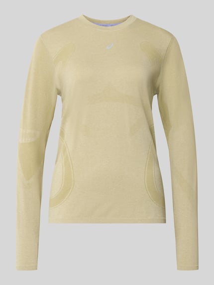 Produktfoto, Slim Fit Longsleeve mit Logo-Print Modell 'Road' von ASICS TIGER, jasnożółta bluzka z długim rękawem, okrągły dekolt, krój slim fit, nadruk z logo, długość tyłu w rozmiarze S: 61 cm