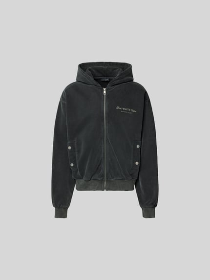 Produktfoto, Oversized Jeansjacke aus Baumwoll-Mix von Don't Waste Culture in Dunkelgrau mit Reißverschluss, Eingrifftaschen, elastischen Abschlüssen, Rückseite misst 65 cm, Schulterbreite 58 cm, Ärmellänge 67 cm