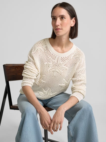 Oui Strickpullover mit geripptem Rundhalsausschnitt Offwhite 3