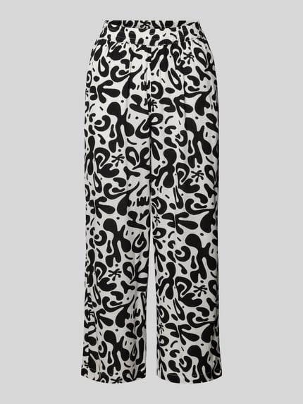 Produktfoto, Weite HOSE aus reiner Viskose Modell 'BARRI' von Pieces mit Optik:Allover-Muster in Schwarz-Weiß, Wide-Leg-Pants, 3/4-Länge, elastischer Bundabschluss, seitliche Eingrifftaschen, grafisches Muster, glatte leichte Textur