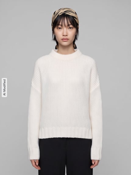 Frauenmodel trägt Oversized Pullover aus Woll-Mix aus Alpaka-Anteil Modell 'Sloossy' von HUGO, cremefarben, Damen Pullover, Ganzkörperansicht von vorne, KI-modifiziertes Bild