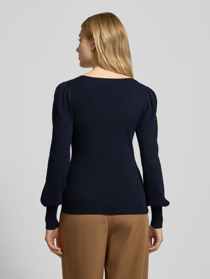 Frauenmodel trägt Strickpullover mit Puffärmeln Modell 'DIEKA' von Lauren Ralph Lauren in Dunkelblau, Ripp-Optik, Baumwoll-Mix, Ganzkörperansicht Rückansicht.