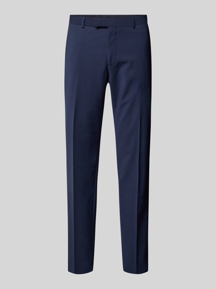 Produktfoto, Regular Fit pantalon met wol-aandeel Model 'MADDEN 2.0' van Strellson, effen donkerblauw, persplooien, steekzakken, riemlussen. Context: herenpantalon, sluiting met haak en verborgen ritssluiting, zijsteekzakken, achterzakken, bandwijdte maat 52 is 46 cm, binnenbeenlengte maat 52 is 79 cm.