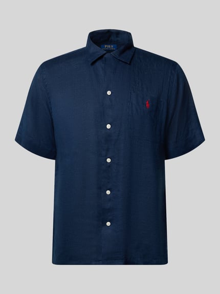 Produktfoto, Regular Fit Freizeithemd aus reinem Leinen von Polo Ralph Lauren in Dunkelblau, unifarben, Reverskragen, Logo-Stitching, Flammgarnstruktur