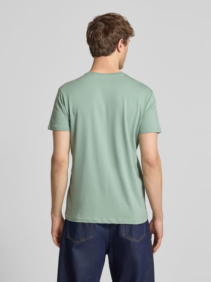 Männermodel trägt T-Shirt mit Label-Detail Modell 'BASIC' von Alpha Industries in Mintgrün, Reine Baumwolle, Gerader-Schnitt, Rückenlänge 69 cm, Ganzkörperansicht Rückansicht.