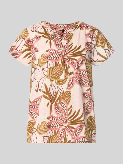 Produktfoto, Relaxed Fit T-Shirt mit floralem Allover-Print von Soyaconcept aus Reine Baumwolle, Damen T-Shirt mit Tunika-Ausschnitt, rosa, braun, kurze Ärmel, Rückenlänge 66 cm, Ärmellänge 14 cm