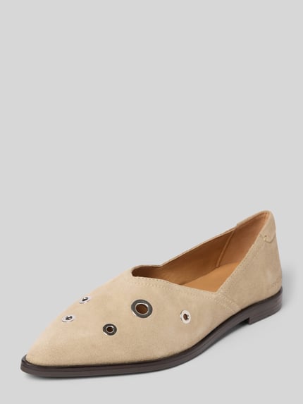 Productfoto, Ballerina uit suèdeleer model 'CAMILLA 5B' van Marc O'Polo, beige uni, spitse neus, blokhak, gladde zool, echt leer