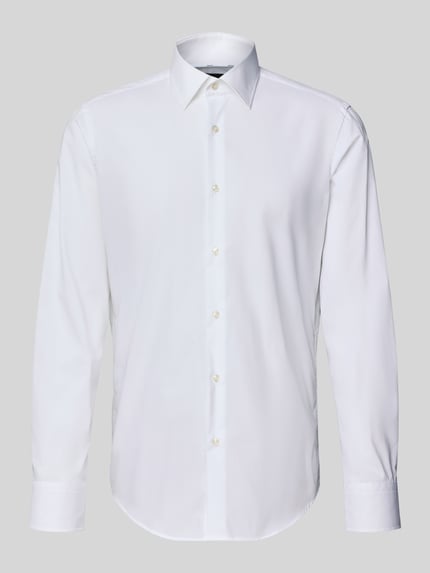 Produktfoto, Slim Fit Businesshemd aus Popeline mit Stretch-Anteil von BOSS, weiß, Kentkragen, durchgehende Knopfleiste, Sportmanschetten, abgerundeter Saum, aus Baumwoll-Elasthan-Mix, Easycare, Größe 40: Schulterbreite 48 cm, Ärmellänge 66 cm, Rückenlänge 78 cm.
