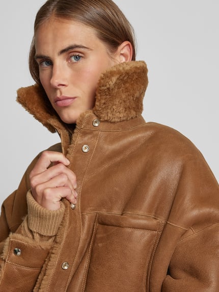 Iro Oversized leren jas met bontlook Hazelnoot - 3