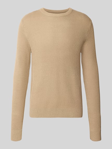 Produktfoto, Strickpullover mit Rundhalsausschnitt Modell 'PANNEL' von JACK & JONES in Beige, fein gerippte Textur, eng anliegender Schnitt, Material-Mix mit Baumwoll-Anteil