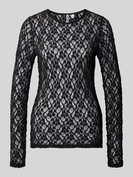 Produktfoto, zwart shirt met lange mouwen van kant met ronde hals, Slim Fit Langarmshirt mit Rundhalsausschnitt Modell 'HAZEL' van PIECES, Dames