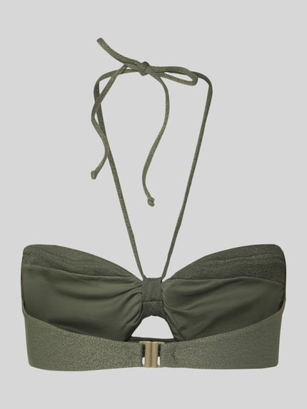 Produktfoto, Bikini Oberteil mit Ziermuschelbesatz Modell 'Kenteo' von Banana Moon, grün, elastischer Stoff, Cut Out, strukturierte Oberfläche.