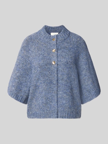 Produktfoto, Relaxed Fit Cardigan mit Woll-Anteil Modell 'Benutta' von Neo Noir, niebieski melanż, gruby splot, półrękaw, dzianinowa faktura, elastyczna mieszanka materiałów, długość tyłu w rozmiarze 36: 54 cm, długość rękawa: 38 cm