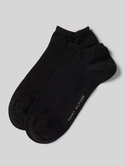 Produktfoto, Sneakersocken mit Label-Schriftzug im 2er-Pack van Tommy Hilfiger in zwart katoenmix met stretch, labelopschrift, ribboordjes.