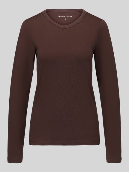 Produktfoto, dunkelbraunes Regular Fit Langarmshirt aus reiner Baumwolle von Tom Tailor, glatte Textur, Damen Langarmshirt von Tom Tailor