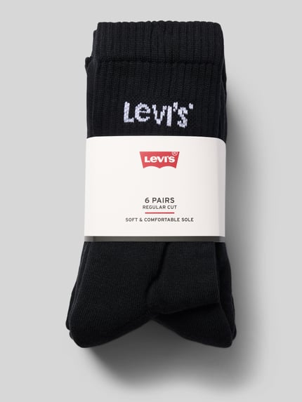 Produktfoto, schwarze Socken aus Baumwoll-Mix im 3er-Pack von Levi's®, glatte Struktur, weiße Markenaufschrift, Herren Socken