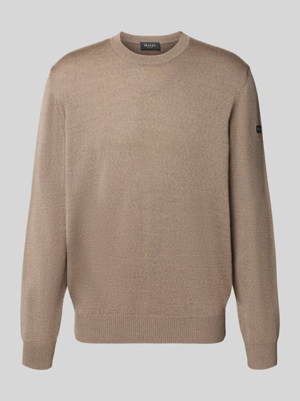 Produktfoto, Regular Fit Strickpullover aus reiner Schurwolle mit Label-Detail von MAERZ Muenchen, krój regular fit, czysta żywa wełna, detal z logo, prążkowane wykończenia, długość tyłu w rozmiarze 50: 70 cm, długość rękawów w rozmiarze 50: 67 cm