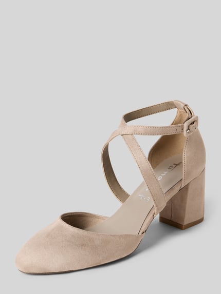 Productfoto, Pumps met kruisriemen van Tamaris, beige suède, blokhak, ronde neus, gladde zool, unicolor, gesp sluiting