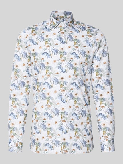 Produktfoto, Slim Fit Businesshemd aus Baumwoll-Mix mit Kentkragen von OLYMP Level Five, florales Muster, hellblau grün weiß, langer Arm, elastisch, durchgehende Knopfleiste, Sportmanschetten