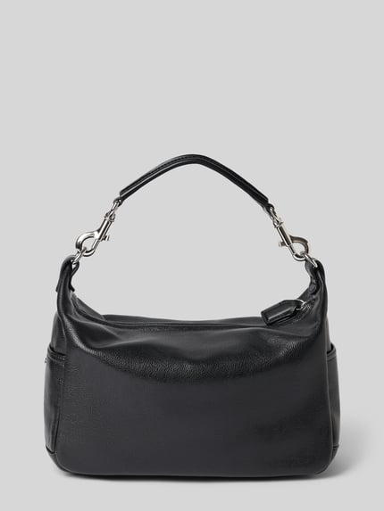 Produktfoto, schwarze Shoulder Bag aus echtem Leder Modell 'PIPO' von MANGO mit abnehmbarem Schulterriemen und Reißverschlussfächern, glatte Textur, rechteckige Form, Kontext: Damen Schulter Bag, Maße 33x22x13 cm, Länge Schulterriemen 42 cm
