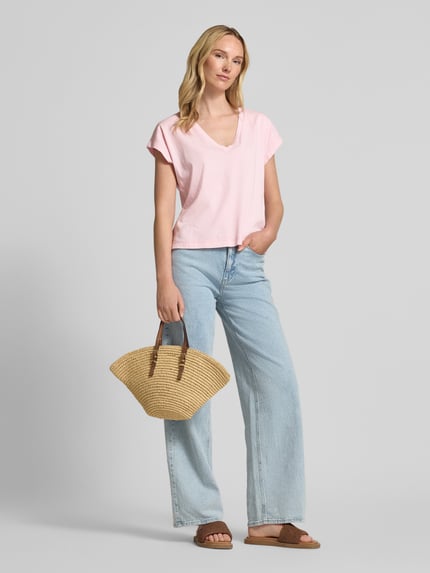 Jake*s Casual T-Shirt mit geripptem V-Ausschnitt Fuchsia 1