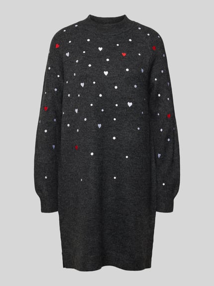Produktfoto, Loose Fit Strickkleid mit Stickereien van Tom Tailor Denim, gemêleerd grijs, mini-lengte, gebreide stof, ronde hals, lange mouwen, allover borduursels.